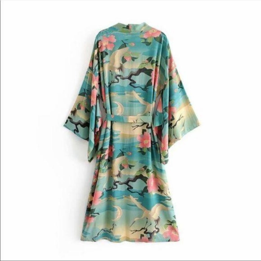 Boho Kimono Floral Bird Print Maxi Cardigan Gypsy - Picture 4 of 7